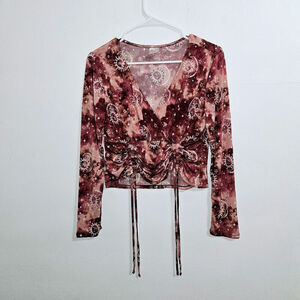 Celestial Ruched Tie Front Cropped Long Sleeved Top. Size Large.